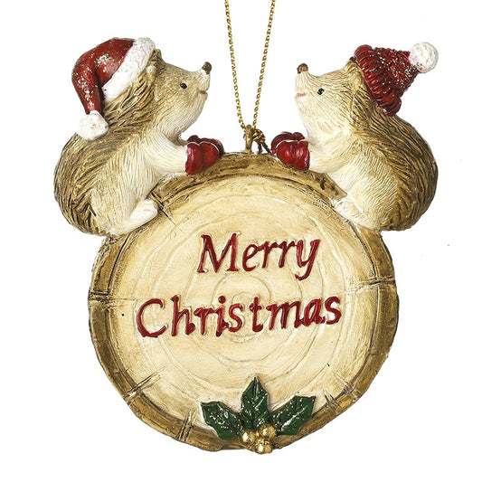 Hanging Merry Christmas Hedgehogs Log