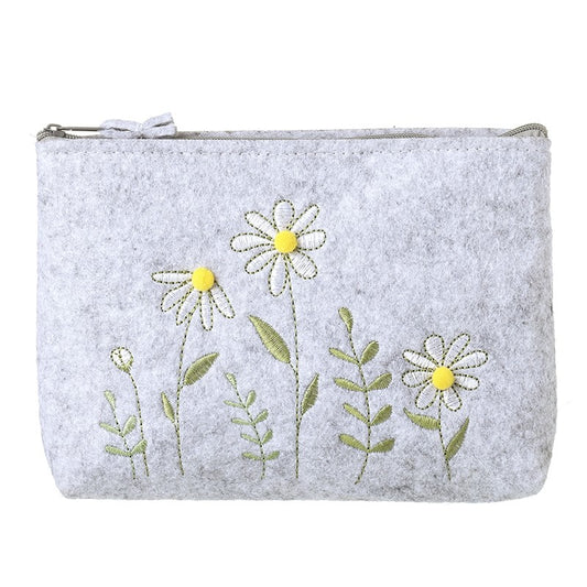 Floral Embroidery Grey Felt Pouch