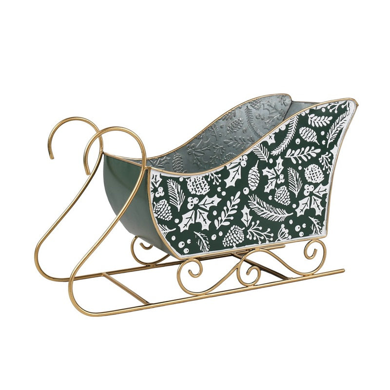 Green Holly & Winter Scene Metal Sleigh - Perfect for holding Gifts