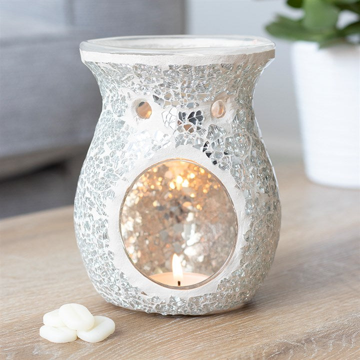 Large Silver Crackle Glass Oil Burner & Wax Warmer