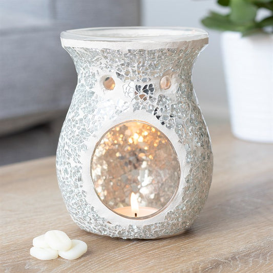 Large Silver Crackle Glass Oil Burner & Wax Warmer