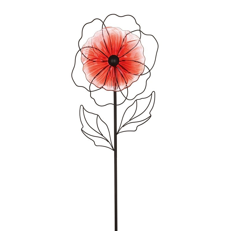 Large Glass & Iron Red Poppy Garden Flower Stake