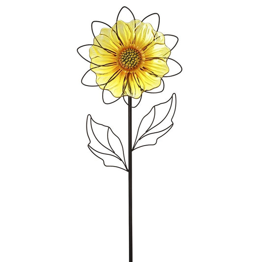 Large Glass & Iron Yellow Sunflower Garden Flower Stake