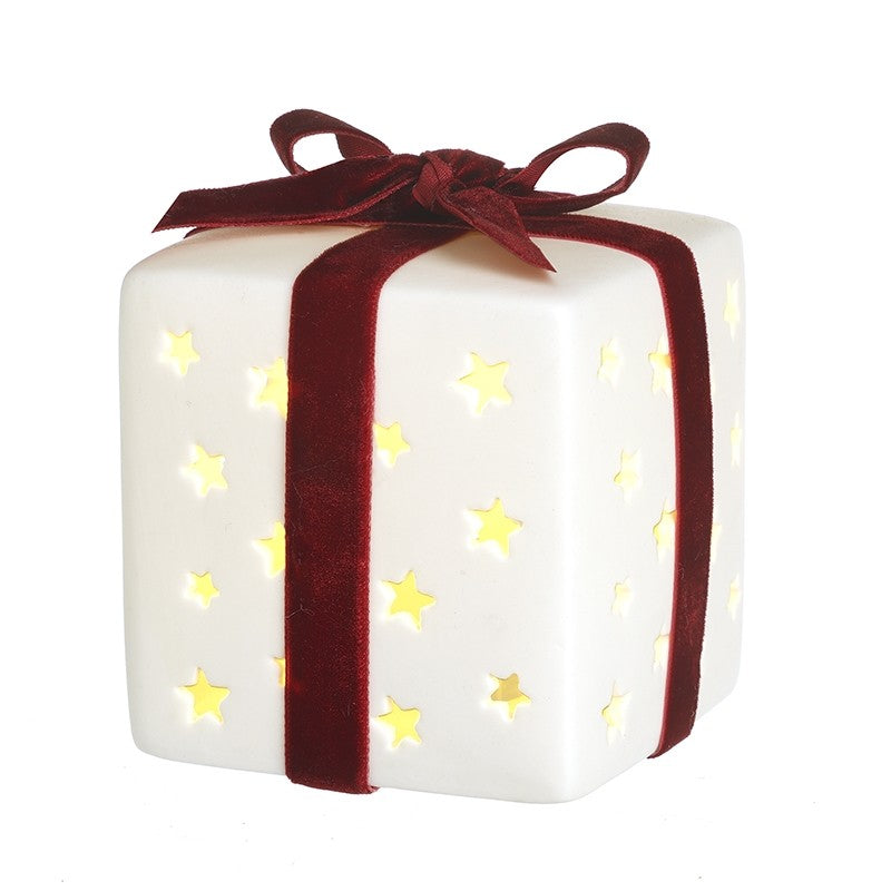 White Ceramic Led Present With Bow Ornament