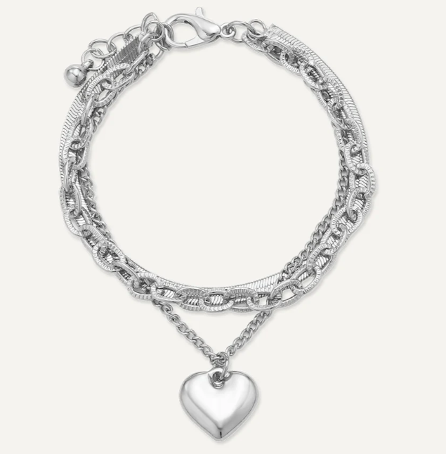 Layered Heart Charm Bracelet In Silver-Tone