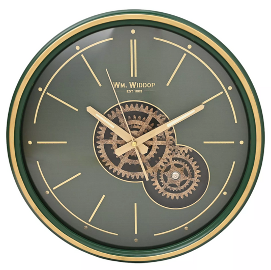 Wall Clock with Moving Gears and Metal Frame Green and Gold 35cm