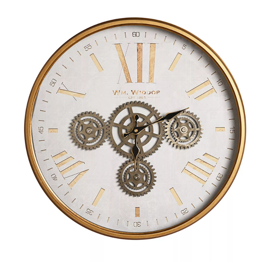 White Wall Clock with Moving Gears and Gold Frame 45cm