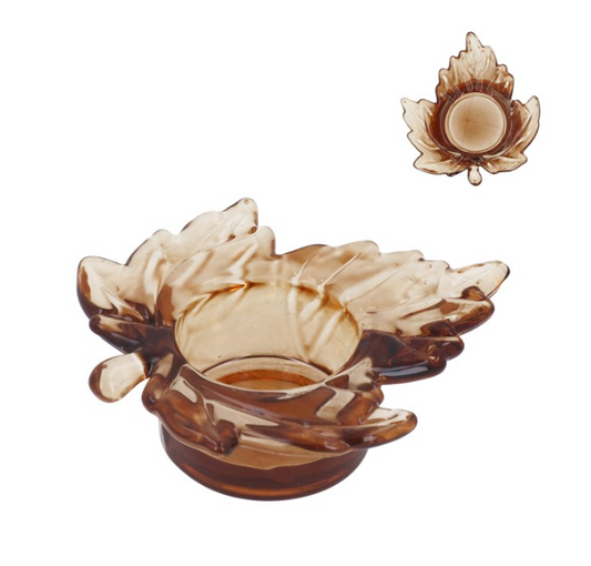 Glass T-Lite Holder 3.5cm - Dark Amber Maple Leaf