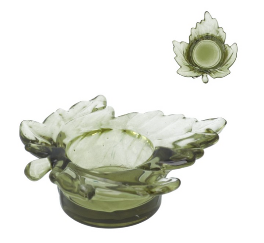 Glass T-Lite Holder 3.5cm - Green Maple Leaf