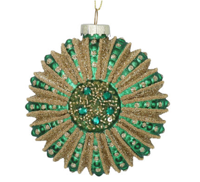 Glass Hanging Dec 9cm - Green/Gold Ornate Disc