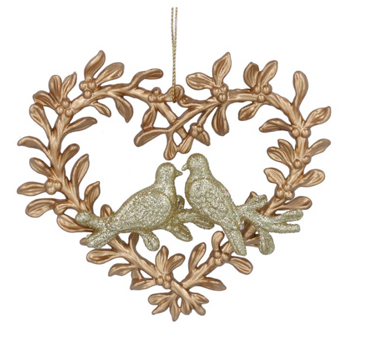 Acrylic Hanging Dec 11cm - Gold Heart Wreath w Glitter Doves