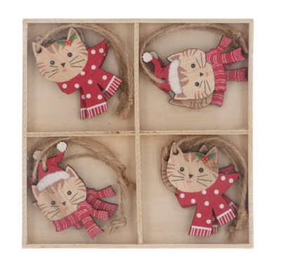 Painted Wooden Cat with Scarf Decorations - Box of 8