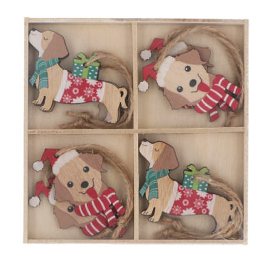Painted Wooden Dog with Scarf Decorations - Box of 8