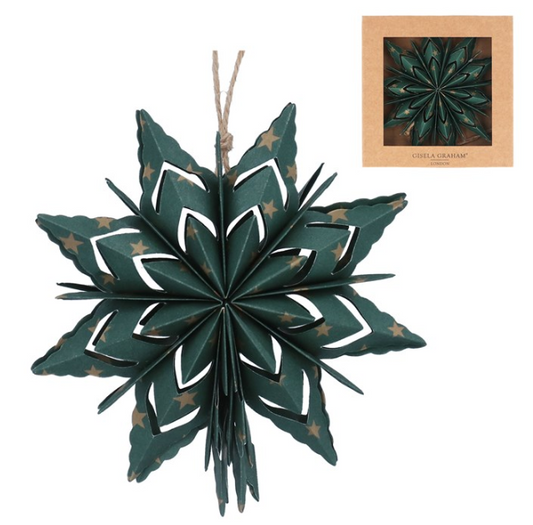 Paper Hanging Dec 15cm - Green Snowflake w Gold Star