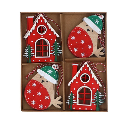 Painted Wooden Scandi Style House/Robin - Box of 8