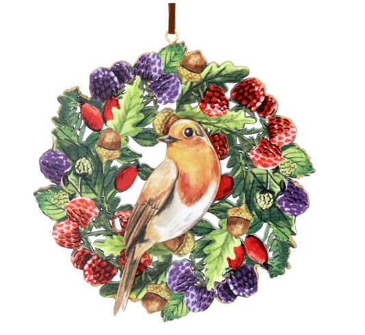 Wood Hanging Dec 11cm - Robin/Berries Disc