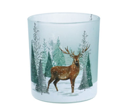 Woodland Stag Snow Scene Glass Tealight Holder