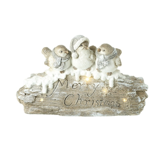 Large Merry Christmas Birds On Log With LED