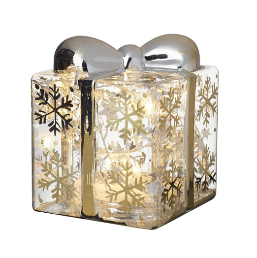 Light Up Glass Present With Snowflakes