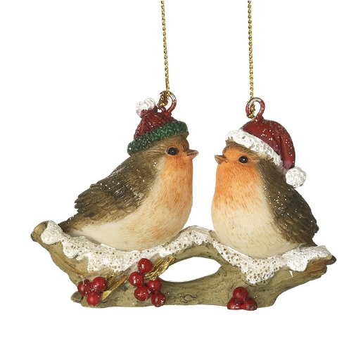 Hanging Robins On Branch With Hats