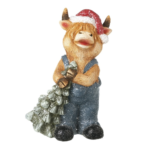 Highland Cow In Blue Dungarees With Tree