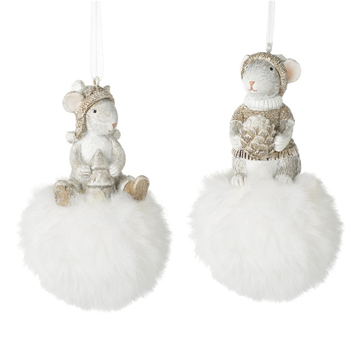 Mice On White Fluffy Pompoms