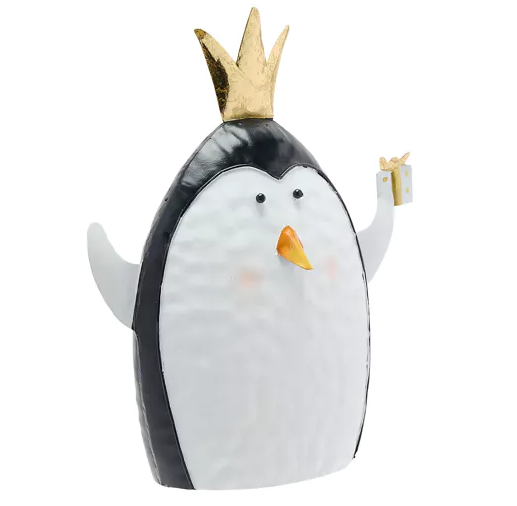 Metal Penguin with Crown Ornament - 13cm