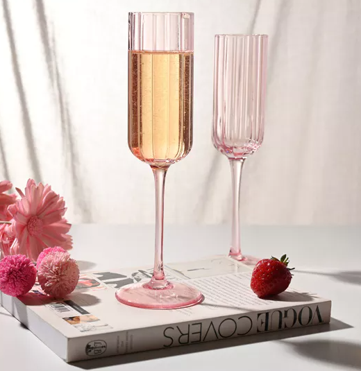 Set of 2 Hestia Bright Pink Scalloped Glass Champagne Flutes