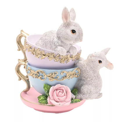 Vintage Easter Stacked Tea Cups & Rabbits Figurine