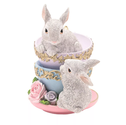 Vintage Easter Stacked Tea Cups & Rabbits Figurine