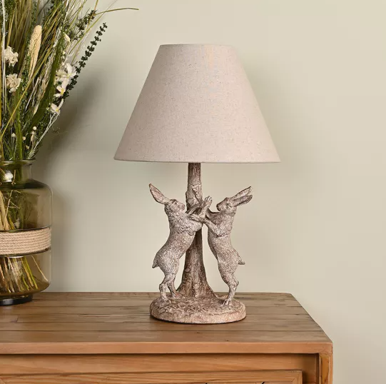 Hestia Wood Effect Hare Table Lamp With Natural Shade 17.5"