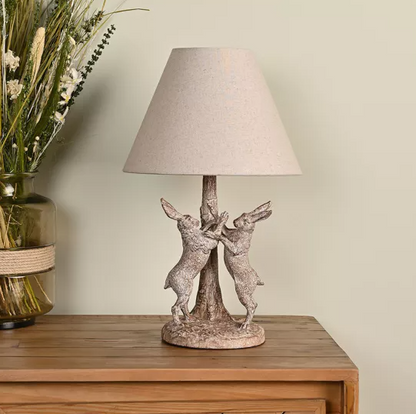 Hestia Wood Effect Hare Table Lamp With Natural Shade 17.5"