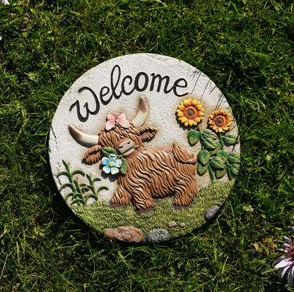 Country Living Cement Stepping Stones Highland Cow "Welcome"