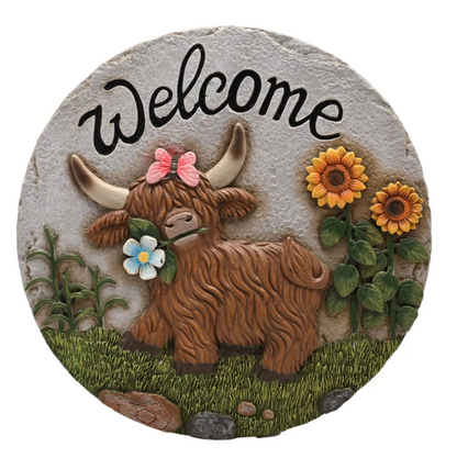 Country Living Cement Stepping Stones Highland Cow "Welcome"