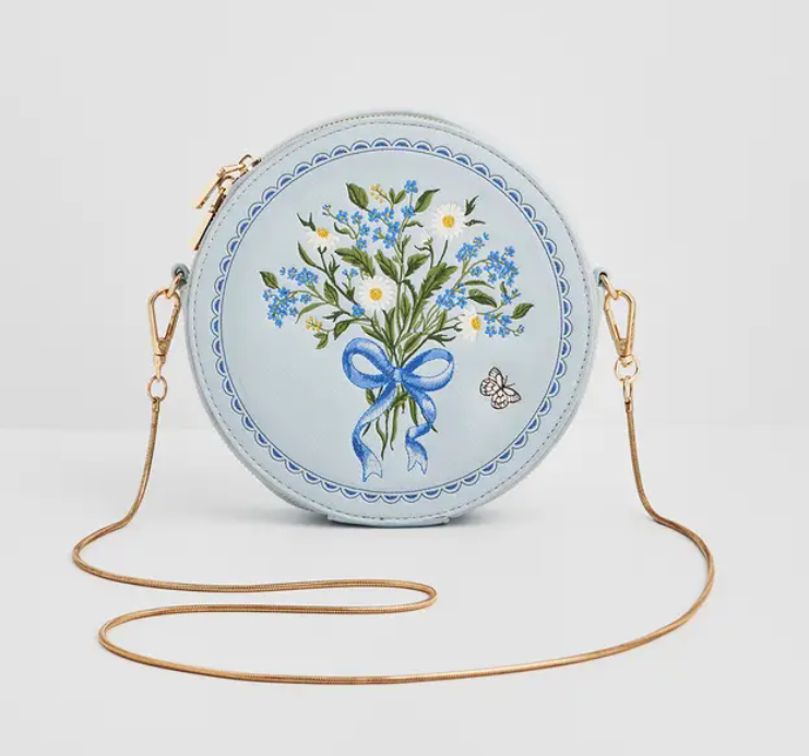 Fable Floral Bow Blue Embroidered Circle Bag