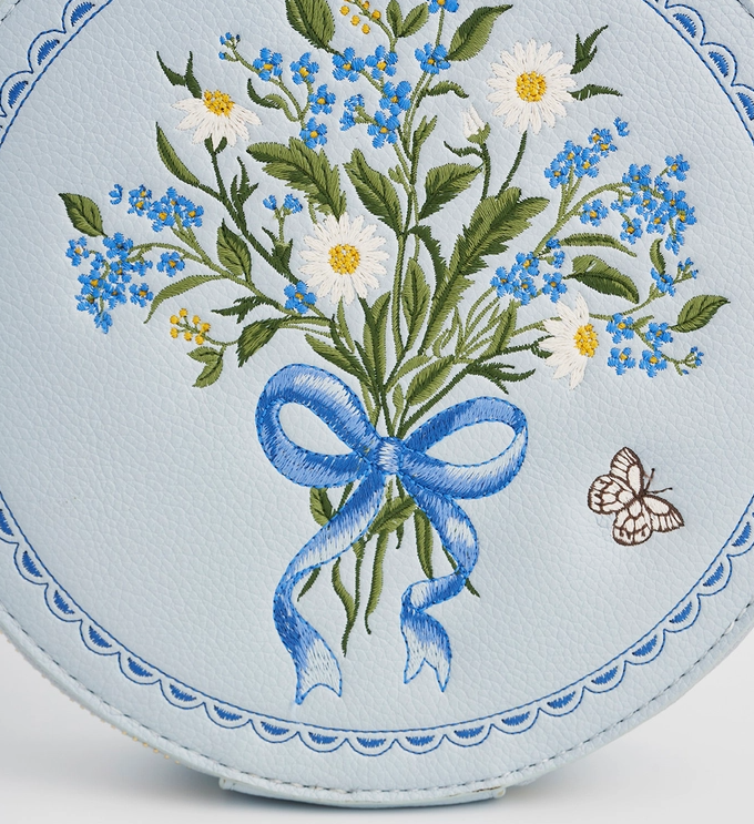 Fable Floral Bow Blue Embroidered Circle Bag