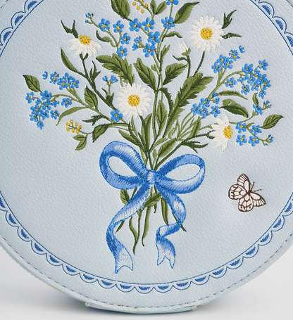 Fable Floral Bow Blue Embroidered Circle Bag