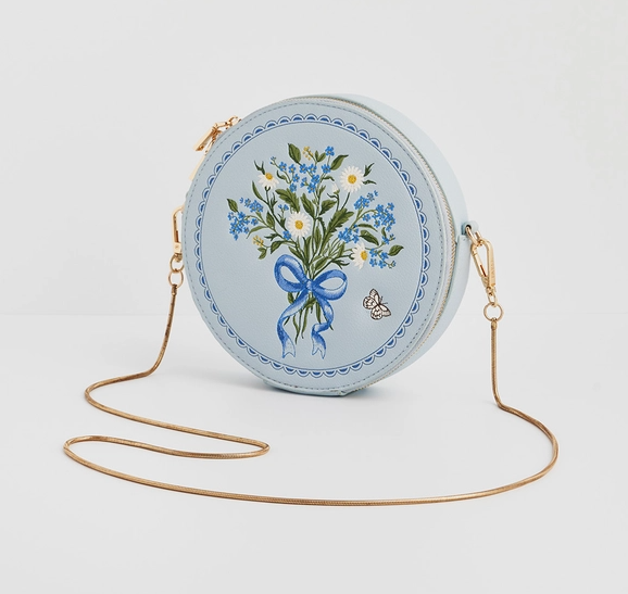 Fable Floral Bow Blue Embroidered Circle Bag