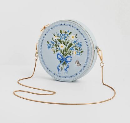 Fable Floral Bow Blue Embroidered Circle Bag