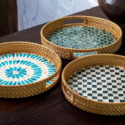 Rattan & Mother of Pearl Serving Trays