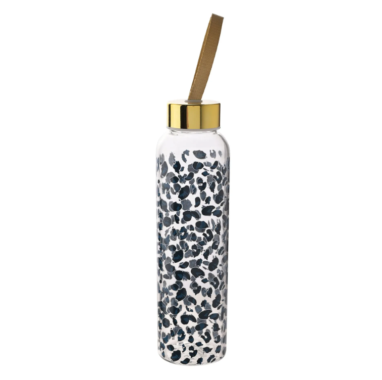 Frida 420ml Glass Water Bottle Multi Black - Leopard Print