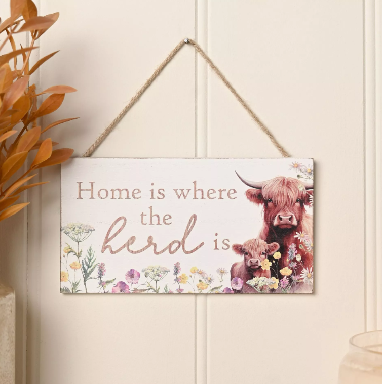 Country Living Highland Cow Hanging Plaque 16cm "Home is where the Herd is"