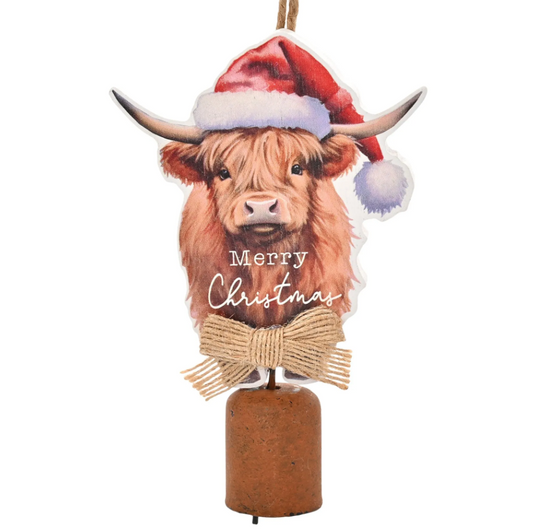 Highland Cow Hanging Plaque with Bell 'Merry Christmas'