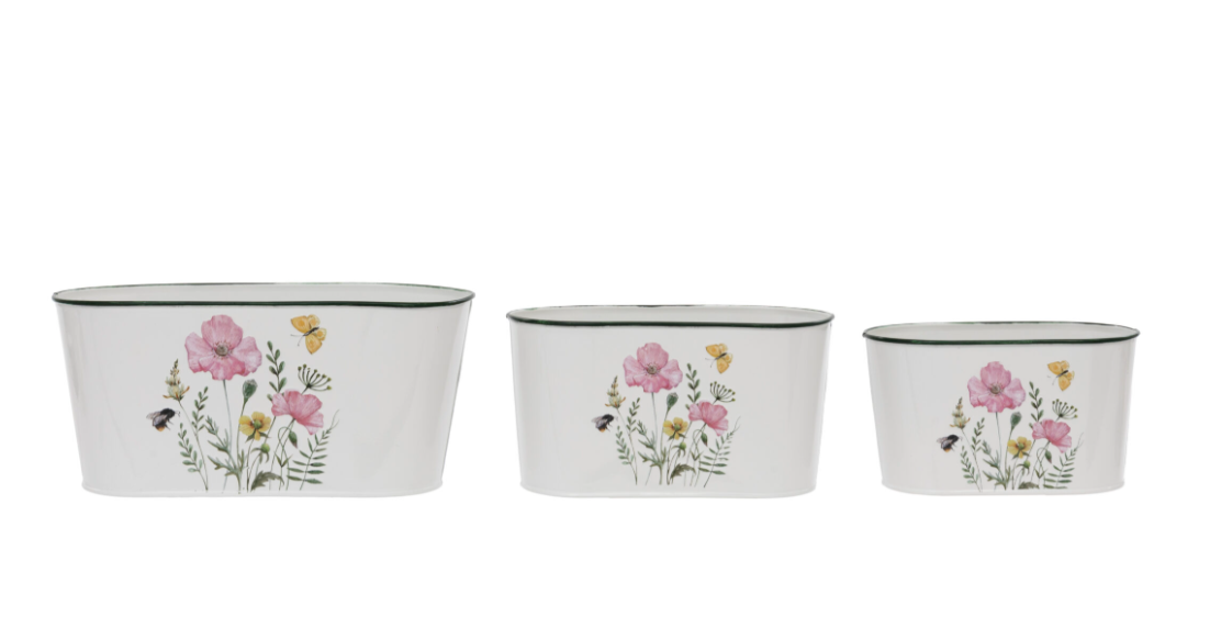 Set of 3 Metal Oval Cornflower Planters