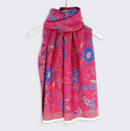 Woven Floral Scarf - Cerise Blue