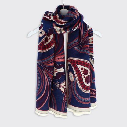 Chloe Paisley Woven Scarf - Blue / Burgundy