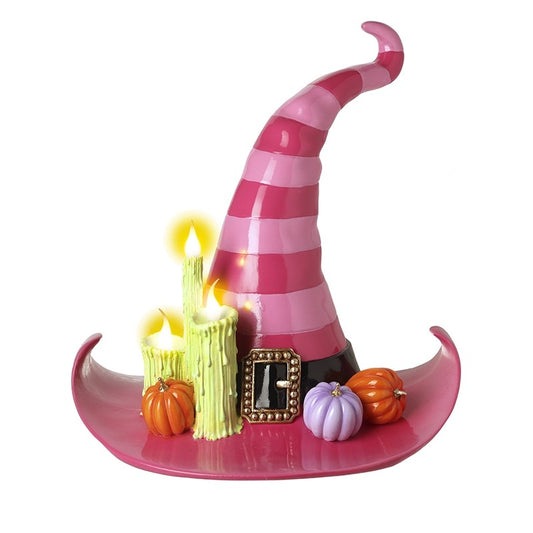 Pink Stripe Witch Hat Ornament With Light Up Candles