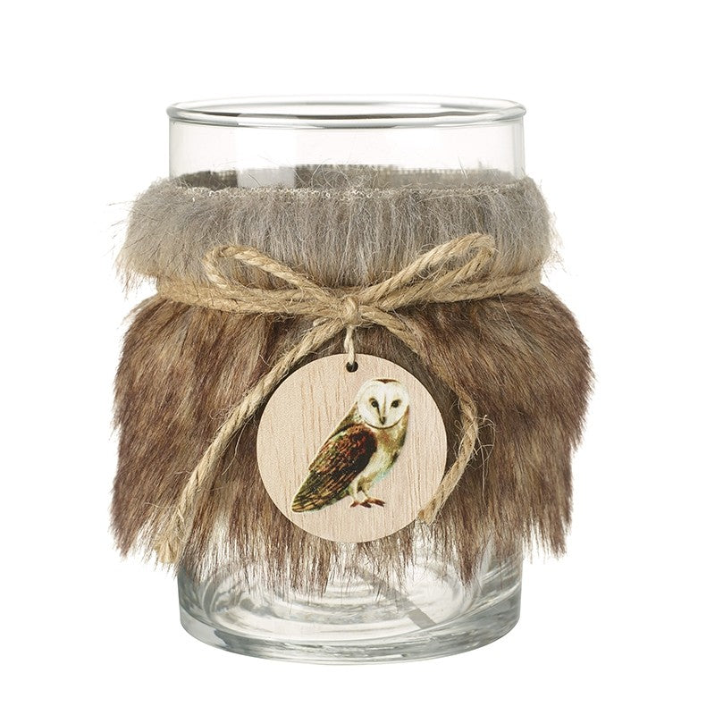 Fur & Glass T-Light Holder Dec With Owl