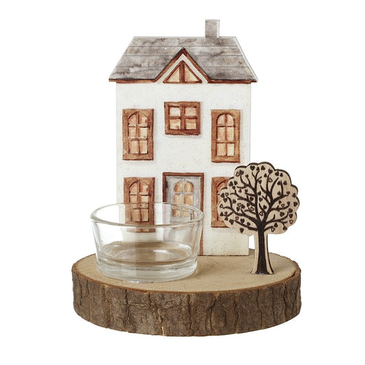 House & Tree On Log Slice T-Light Holder