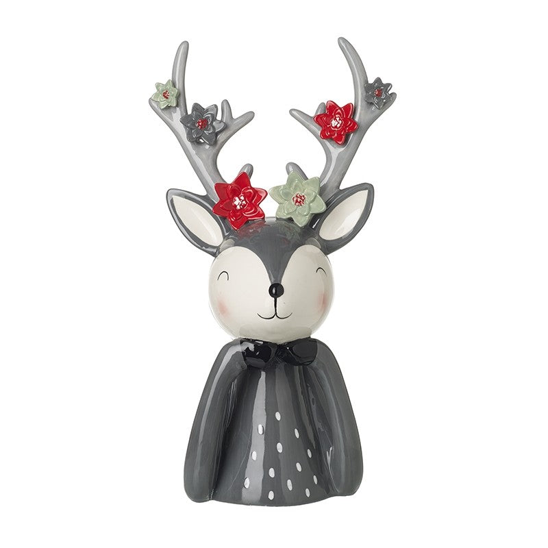Large Grey Ceramic Deer With Flower Antlers